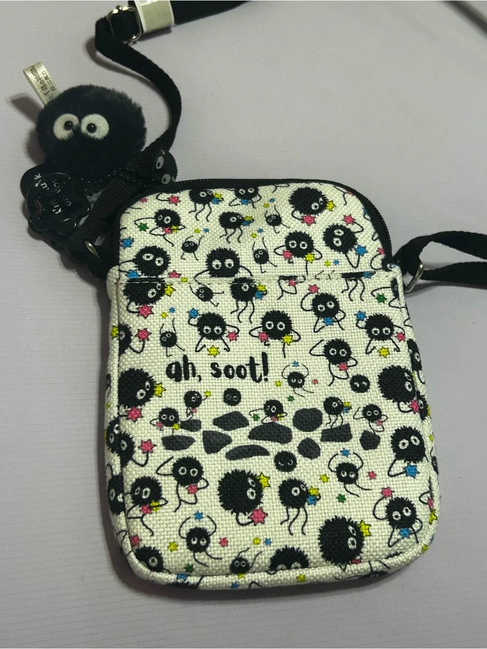 Ah, Soot! Kids Crossbody Bag with Fuzzy Pom Charm - Black/White